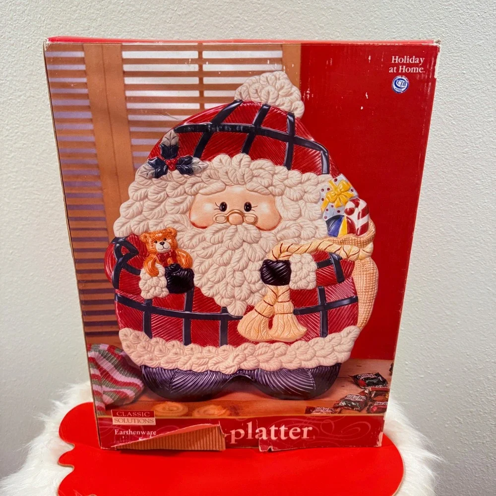 Vintage Santa Claus Plaid Christmas Platter – Holiday Serving Dish Ceramic Earth